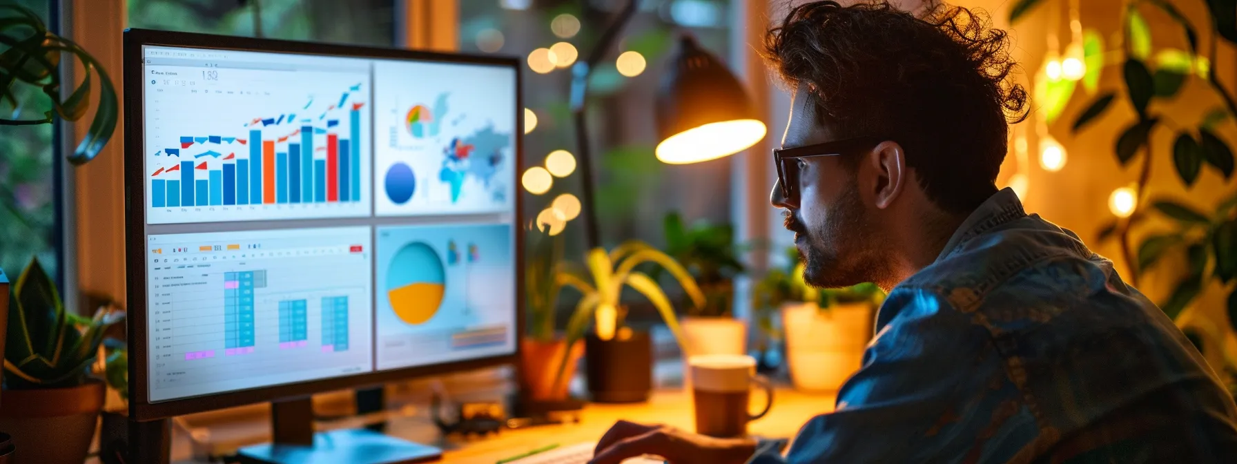 a person looking at a computer screen with various keyword research tools on the screen, analyzing niche-specific keywords.