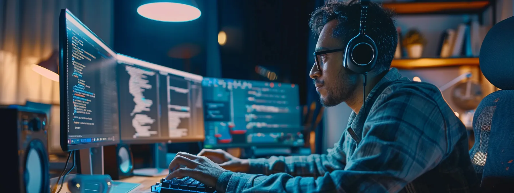 a person sitting at a computer screen, researching keywords and creating a list with high potential.