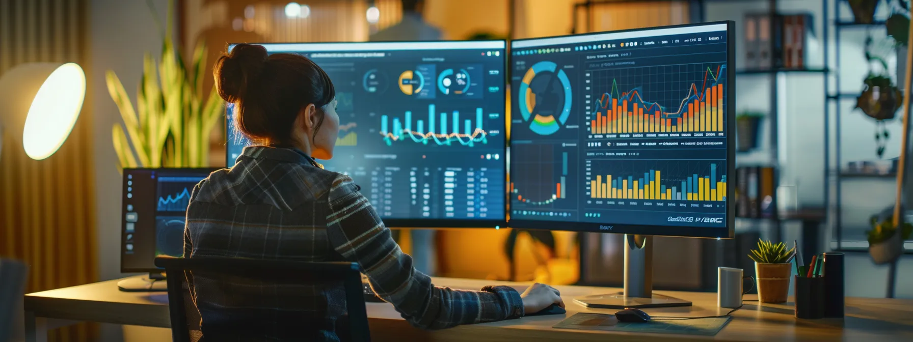 a person analyzing a computer screen filled with various graphs and charts related to keyword performance for seo optimization.