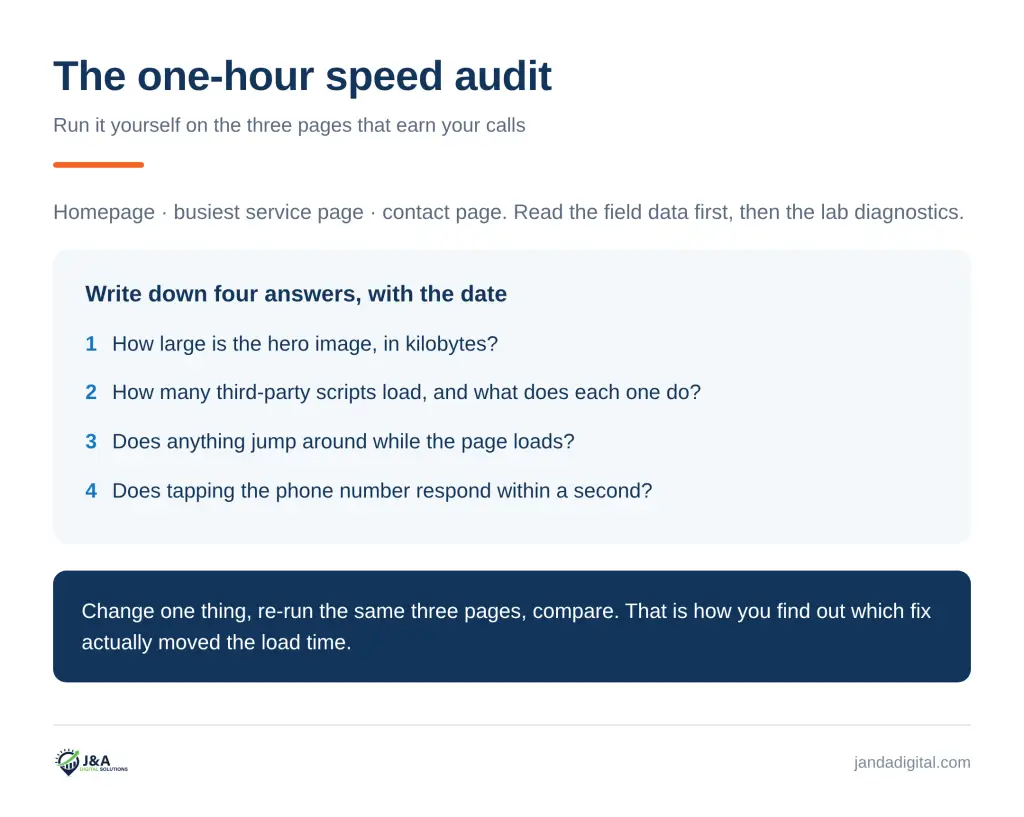 J&A Digital Solutions infographic titled The one-hour speed audit, listing the three pages to test and the four questions to answer about hero image size, third-party scripts, layout shift, and tap response