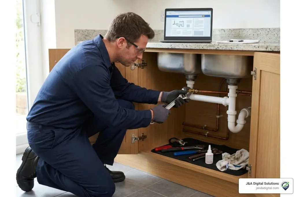 Professional plumber using the correct wrench placement on an under-sink pipe fitting
